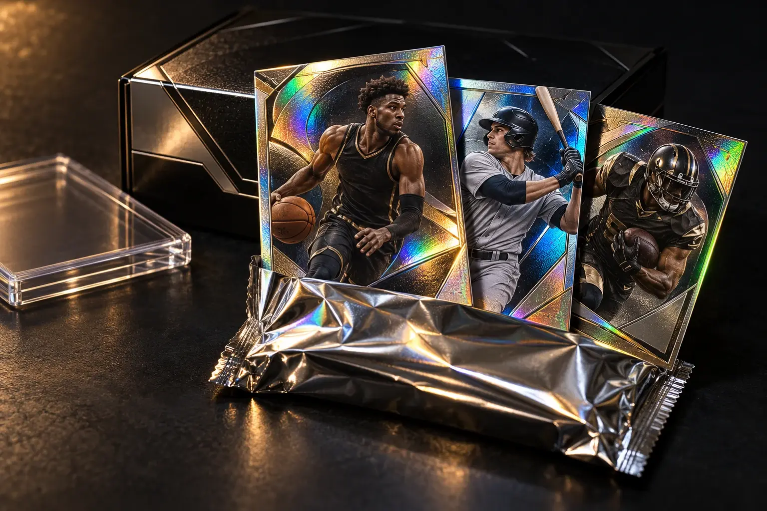 An opened silver foil pack with basketball, baseball and football cards on the break table