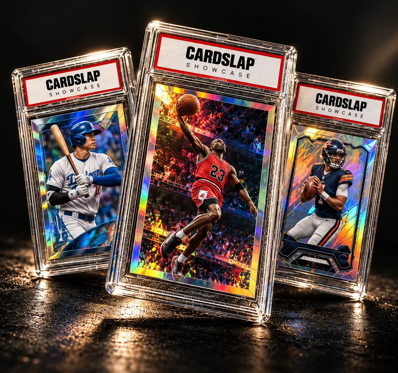 Three foil sports cards displayed in clear protective slabs