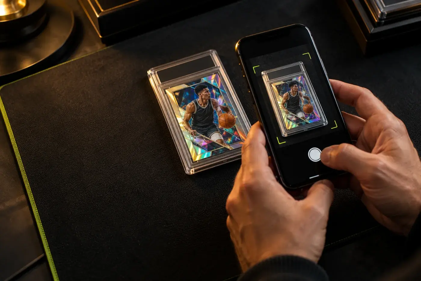 A phone photographing a sports card on a collector's workbench