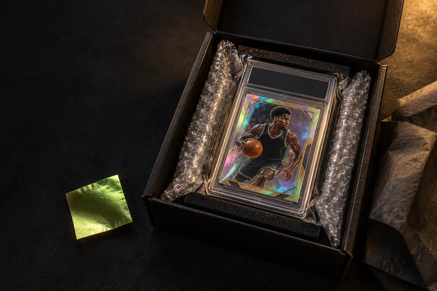 A protected trading card being packed with care for its next collector